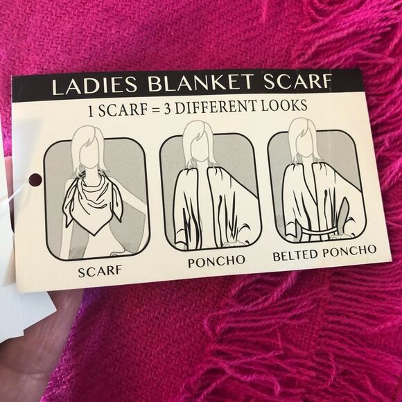 Pink convertible blanket scarf with fringe detail soft bright colorful cozy - Picture 2 of 3